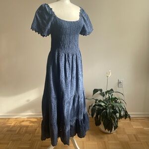 Lungo L’Arno Shirred Bodice Cotton Eyelet Maxi Dress, Blue Large